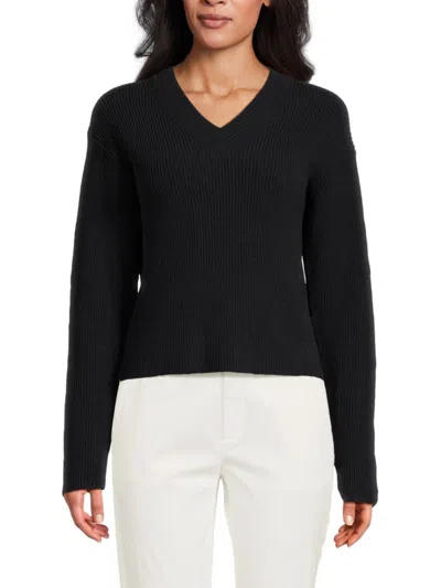 Vince Women's Ribbed V-neck Sweater In Black