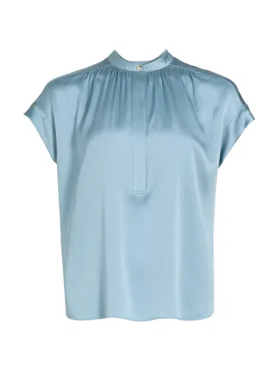 Vince Women's Silk Gathered Neck Cap-sleeve Blouse In Blue