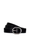 Vince Stitched Lizard Embossed Glazed Leather Belt In Black