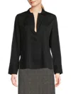 Vince Stretch-silk Long-sleeve Polo Blouse In Black In Black