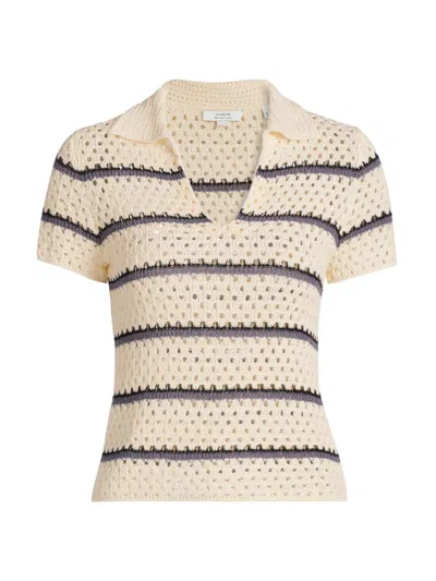 Vince Women's Striped Macramé Open-knit Polo Shirt In Neutral