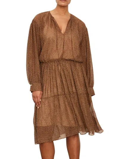 Vince Women's Verona Dotted Blouson Sleeve Dress In Brown