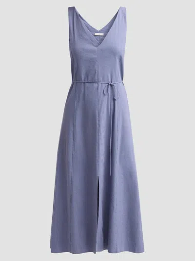 Vince Women's V-neck Linen-blend Sleeveless Midi-dress In Blue