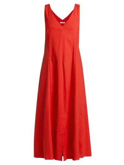 Vince Women's V-neck Linen-blend Sleeveless Midi-dress In Red