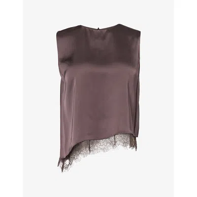 Vince Womens Asymmetric-hem Lace-trim Satin Top Iron In Multi