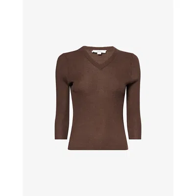 Vince Womens Bark V-neck Ribbed Cashmere-silk Knitted Top In Brown