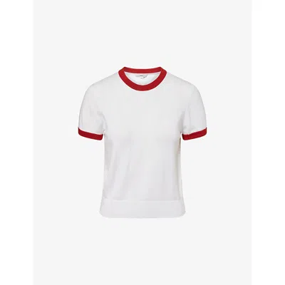 Vince Womens Off White/ Brick Rose Contrast-trims Short-sleeves Cotton And Cashmere T-shirt