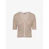 Vince Womens Off White/tapenade Striped Short-sleeves Cashmere And Silk Cardigan