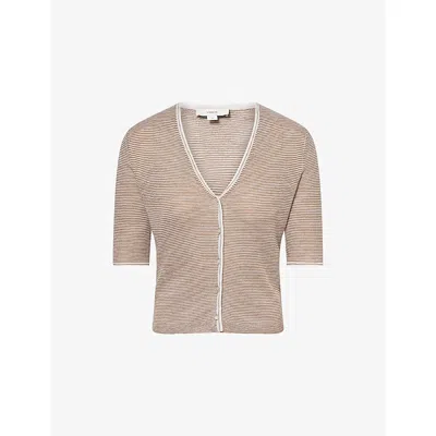 Vince Womens Off White/tapenade Striped Short-sleeves Cashmere And Silk Cardigan