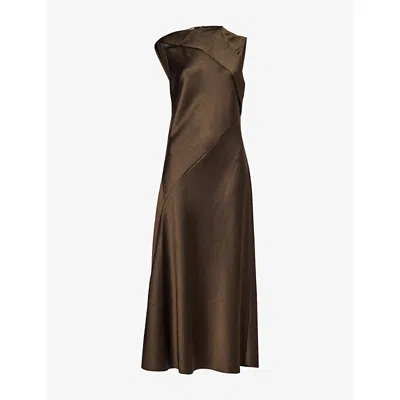 Vince Womens Scarf-tie Satin Midi Dress Cypress In Brown