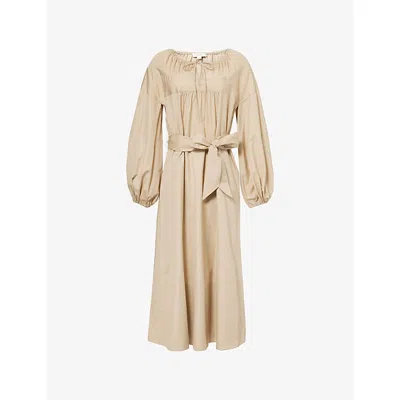 Vince Womens Sand Beige Shirred-neck Long-sleeve Cotton Dress In Brown