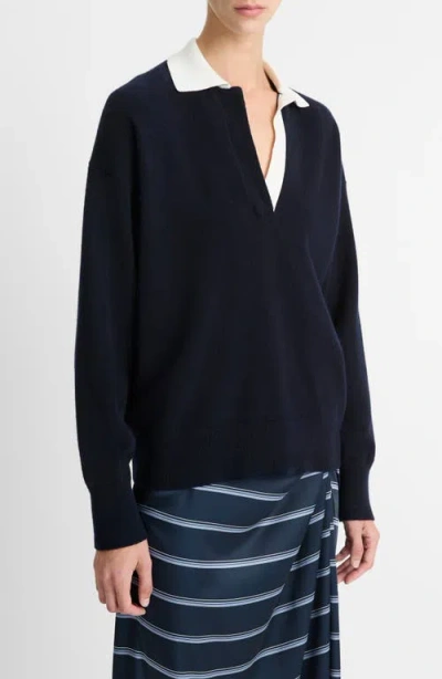 Vince Wool & Cashmere Contrast Johnny Collar Sweater In Black
