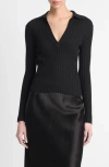 Vince Ribbed Polo Top In Black