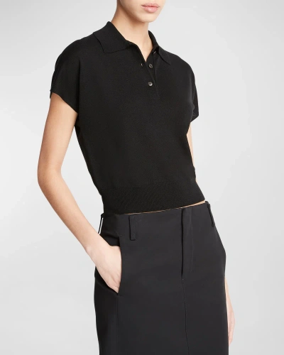 Vince Wool Cashmere Cap-sleeve Polo Top In Black