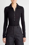 Vince Long Sleeved Multi Button Wool Polo Top In Black
