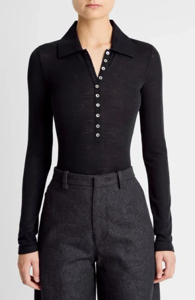 Vince Long Sleeved Multi Button Wool Polo Top In Black