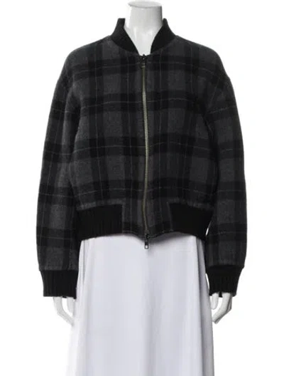 Pre-owned Vince Wool Plaid Print Bomber Jacket In Gray