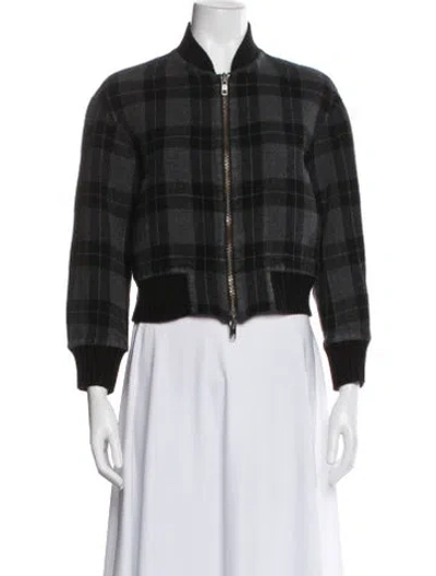 Pre-owned Vince Wool Plaid Print Bomber Jacket In Gray