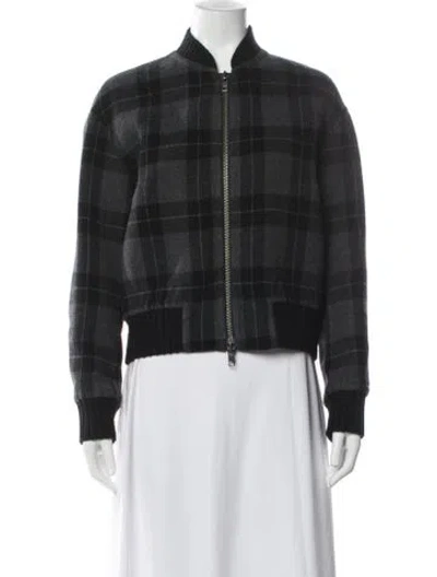 Pre-owned Vince Wool Plaid Print Bomber Jacket In Gray
