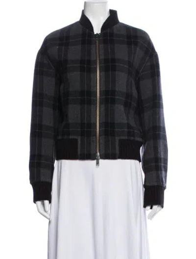 Pre-owned Vince Wool Plaid Print Bomber Jacket In Gray