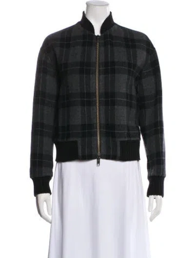 Pre-owned Vince Wool Plaid Print Bomber Jacket In Green