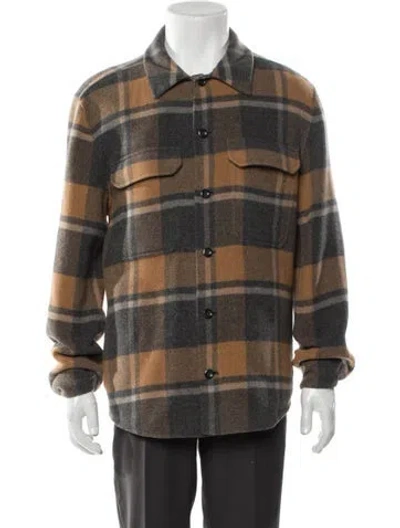Pre-owned Vince Wool Plaid Print Trucker Jacket In Neutral