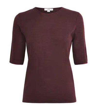Vince Wool Satin-trim T-shirt In Burgundy