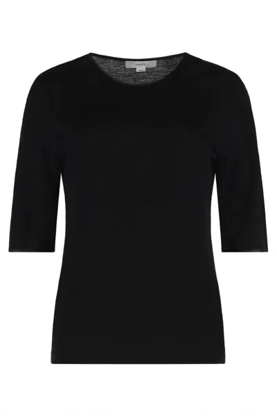 Vince Wool T-shirt With Elbow-length Sleeves And Satin Finishes In Black