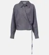 Vince Collared Linen-blend Wrap Top In Grey