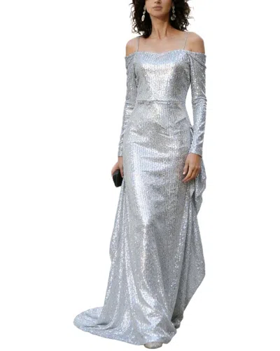 Vincent Embellished Long Sleeve Maxi Dress In Silver