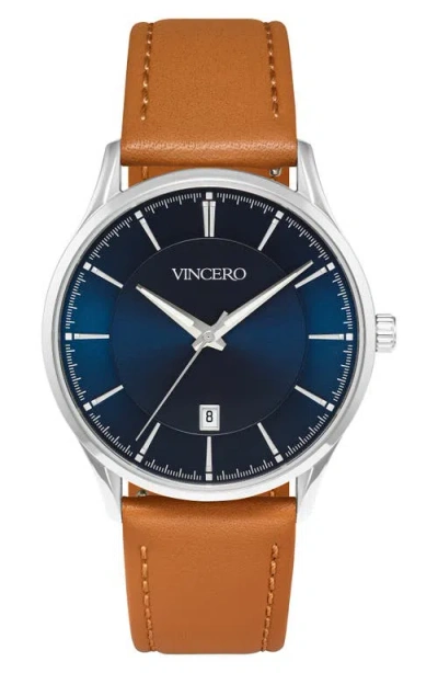 Vincero Kairos Leather Strap Watch, 38mm In Blue/brown