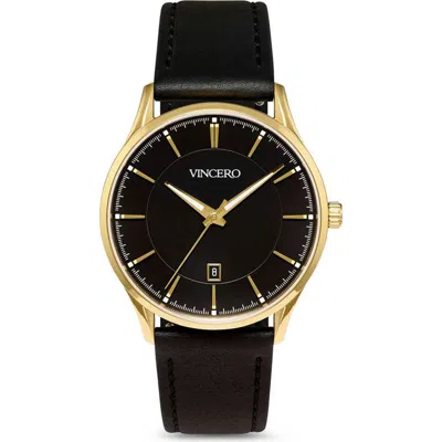 Vincero The Kairos Ii Leather Strap Watch, 38mm In Gold Onyx