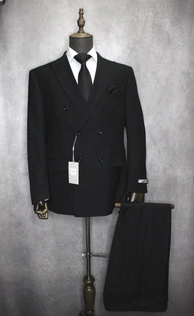 Pre-owned Vinci Men  Modern Fit Solid Black Double Breasted 2pc Formal Wedding Suit F-dc900