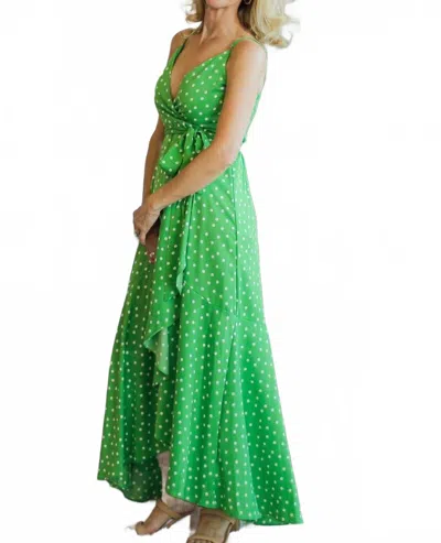 Vine & Love Adjustable Strap Tie Waist Dot Print Long Wrap Dress In Green