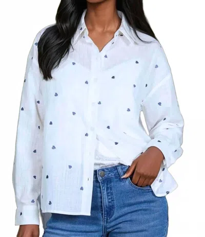Vine & Love Alice Heart Embroidered Oversized Button Down Shirt In White In Green