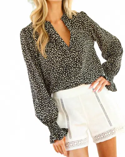 Vine & Love Animal Print Long Sleeve Blouse In Black