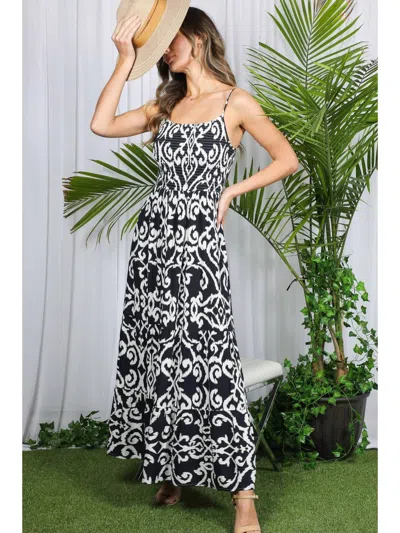 Vine & Love Aztec Smocked Maxi Dress In Black & White