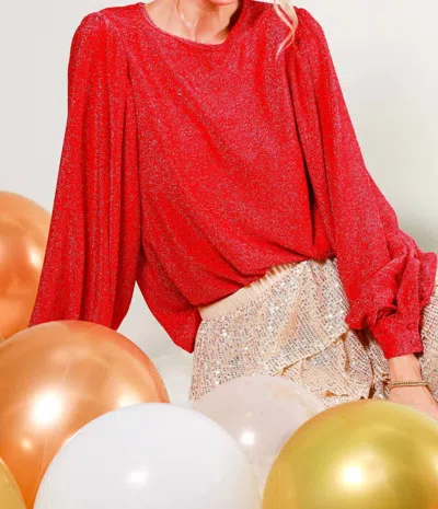 Vine & Love Balloon Sleeve Glitter Knit Top In Red