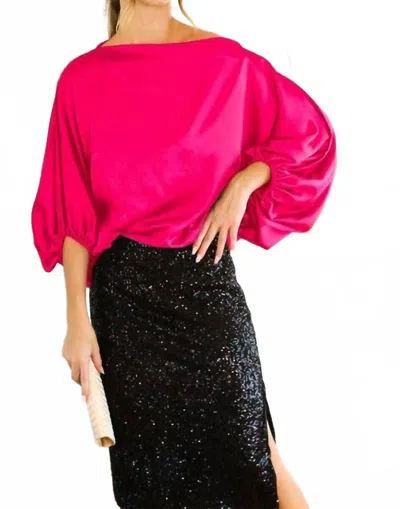 Vine & Love Boat Neck Dolman Puff Sleeve Satin Blouse In Fuchsia In Pink
