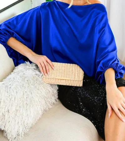 Vine & Love Boat Neck Dolman Puff Sleeve Satin Blouse In Royal Blue