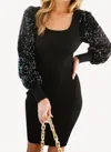 Vine & Love Bodycon Sequin Sleeve Dress In Black In Black