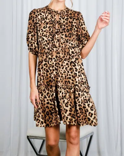 Vine & Love Bow Detail Leopard Printed Babydoll Dress In Brown