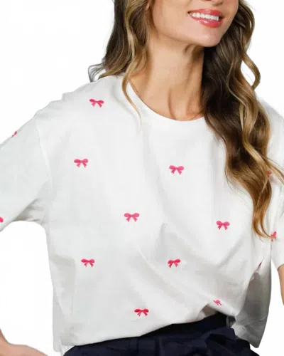 Vine & Love Bow Embroidered Short Sleeve Tee In Pink In White