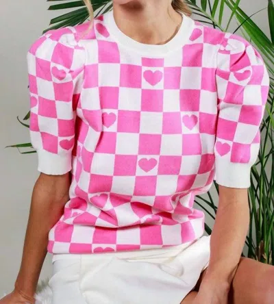 Vine & Love Checkerboard Heart Sweater In Pink