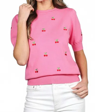 Vine & Love Cherry Embroidered Crew Neck Knitted Sweater In Pink