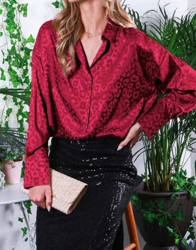 Vine & Love Collared Animal Jacquard Shirt Blouse In Burgundy
