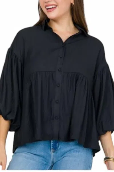 Vine & Love Collared Balloon Sleeve Button Down Shirt In Black