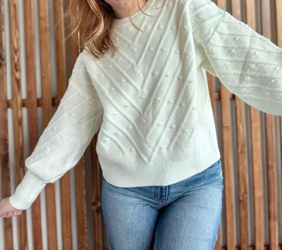 Vine & Love Crew Neck Long Balloon Textured Knit Sweater In White