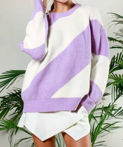 Vine & Love Crew Neck Long Sleeve Striped Sweater In Purple