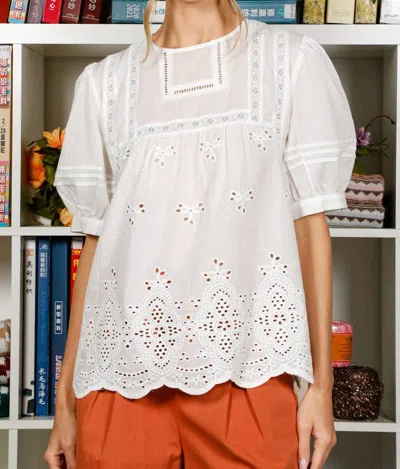 Vine & Love Dahlia Eyelet Short Sleeve Top In White